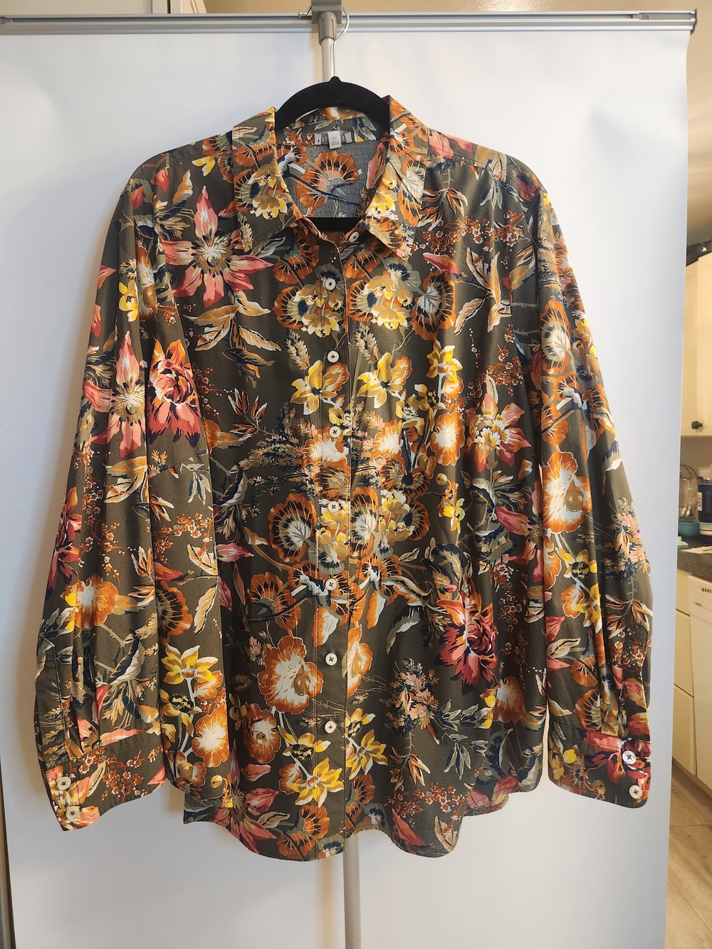 Talbots Plus Size 2X Brown Orang Botanical Floral Long Sleeve Button-Down Blouse